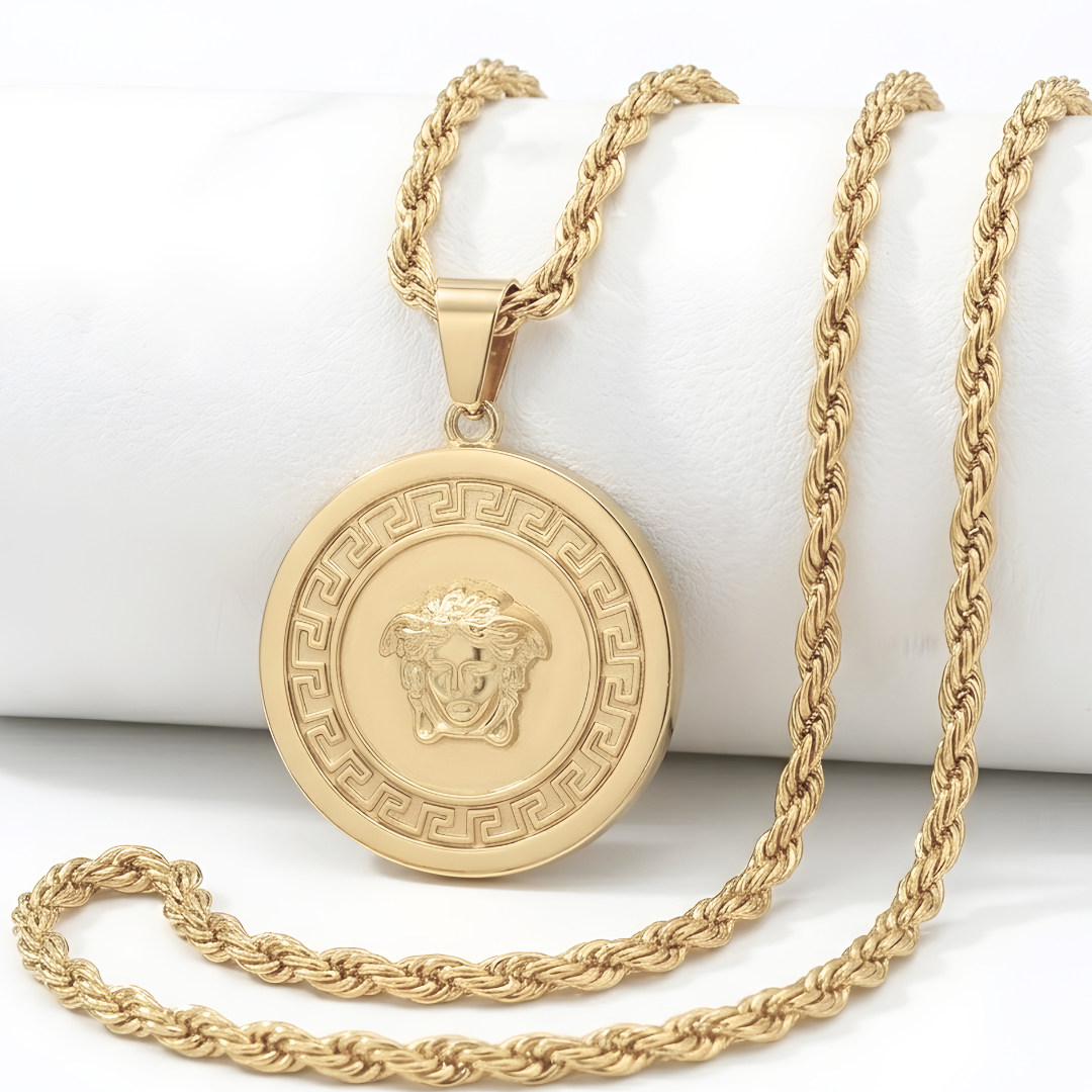 18K Gold Filled Iconic Greek Medusa Head Pendant Necklace – 35mm Medallion with Rope Chain
